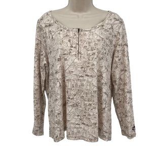 Soft Surroundings Womens Cream Brown Map Print Long Sleeve Scoop Neck Top Size L